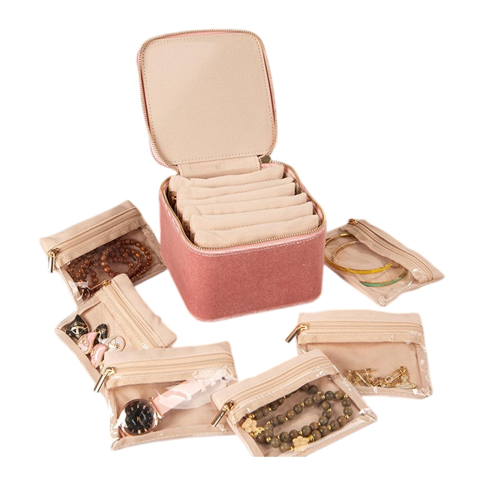 Geavonyg Velvets Jewelry Organiser with 6 Transparency Pouches Storage Box for Necklaces Bracelets Rings Earrings and Brooches Jewelry Travel Case