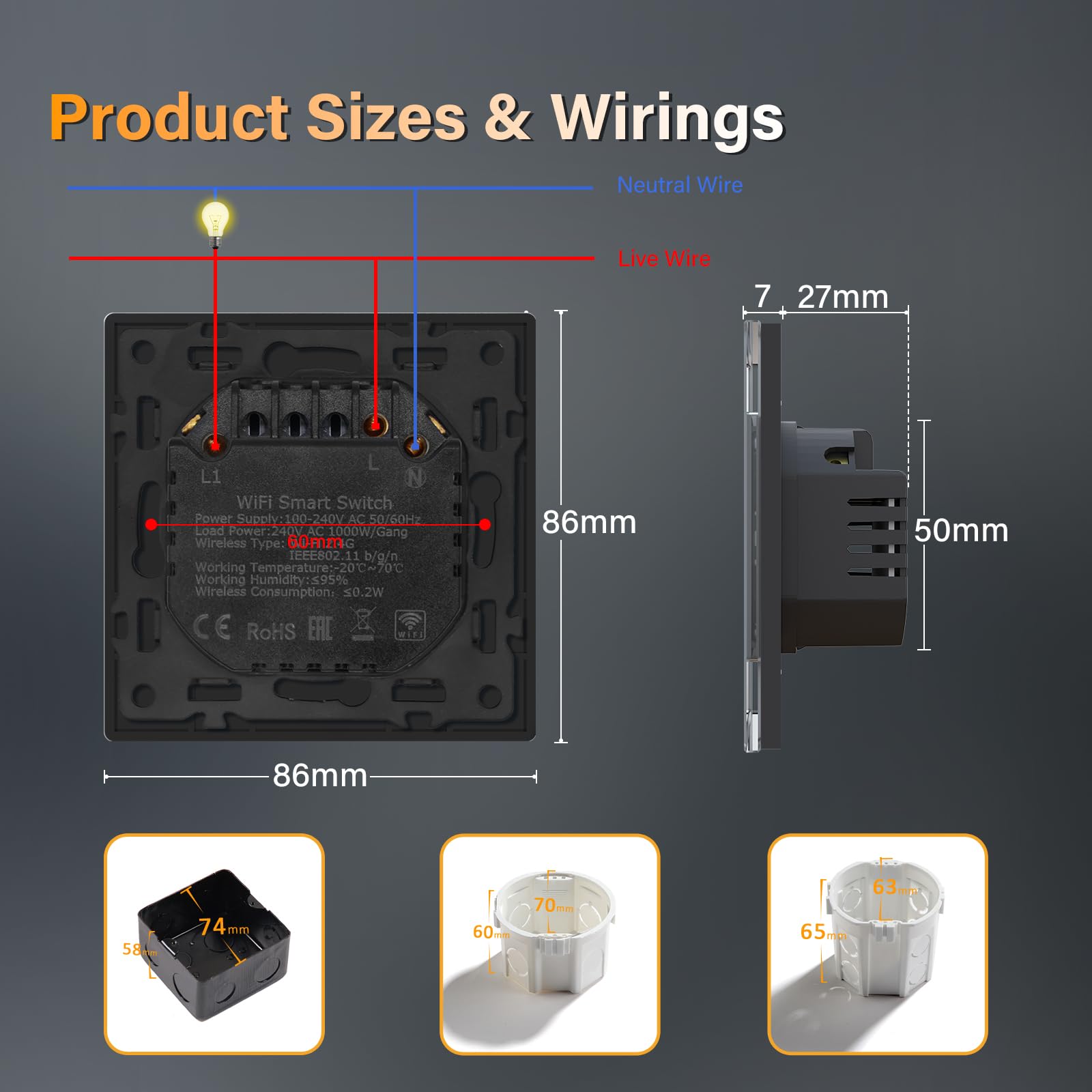 BSEED Interruptor Inteligente WIFI con Vidrio,Basculante Con Pilotitos LED,Requiere Cable Neutro,E-Series,1 Gang 1 Vía,86mm Blanco