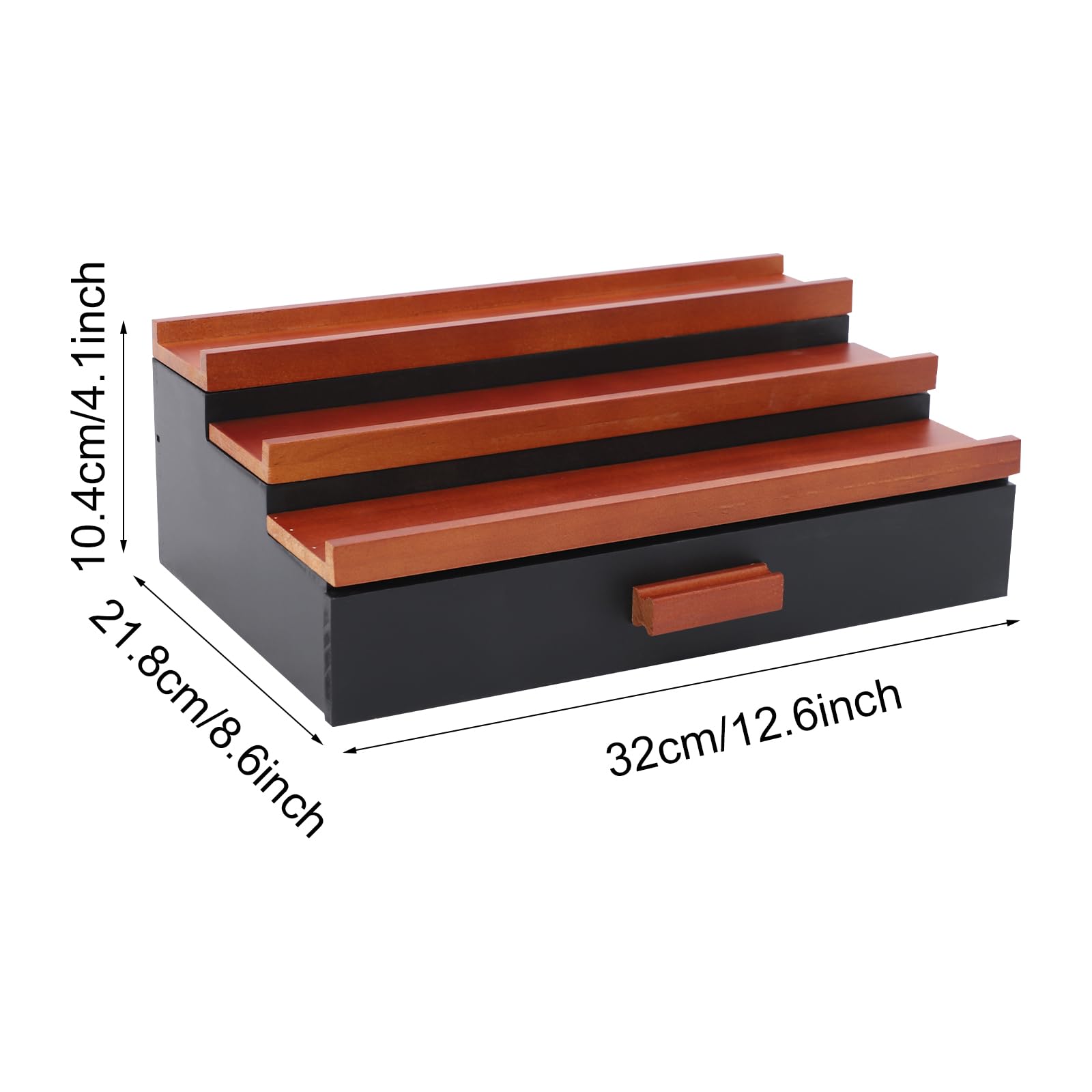 3 poziomy, drewniany organizer na perfumy z szufladą, czarny | 30 x 20 x 10 cm stopniowany stojak na perfumy pudełko do przechowywania figurek, lakierów do paznokci, kosmetyków