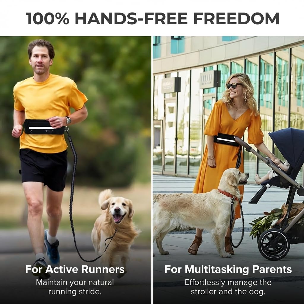 Tails & Tales Correa para perro manos libres con riñonera, asas acolchadas dobles y tira reflectante, elástica que absorbe los golpes para perros grandes y medianos de hasta 100 libras, correr