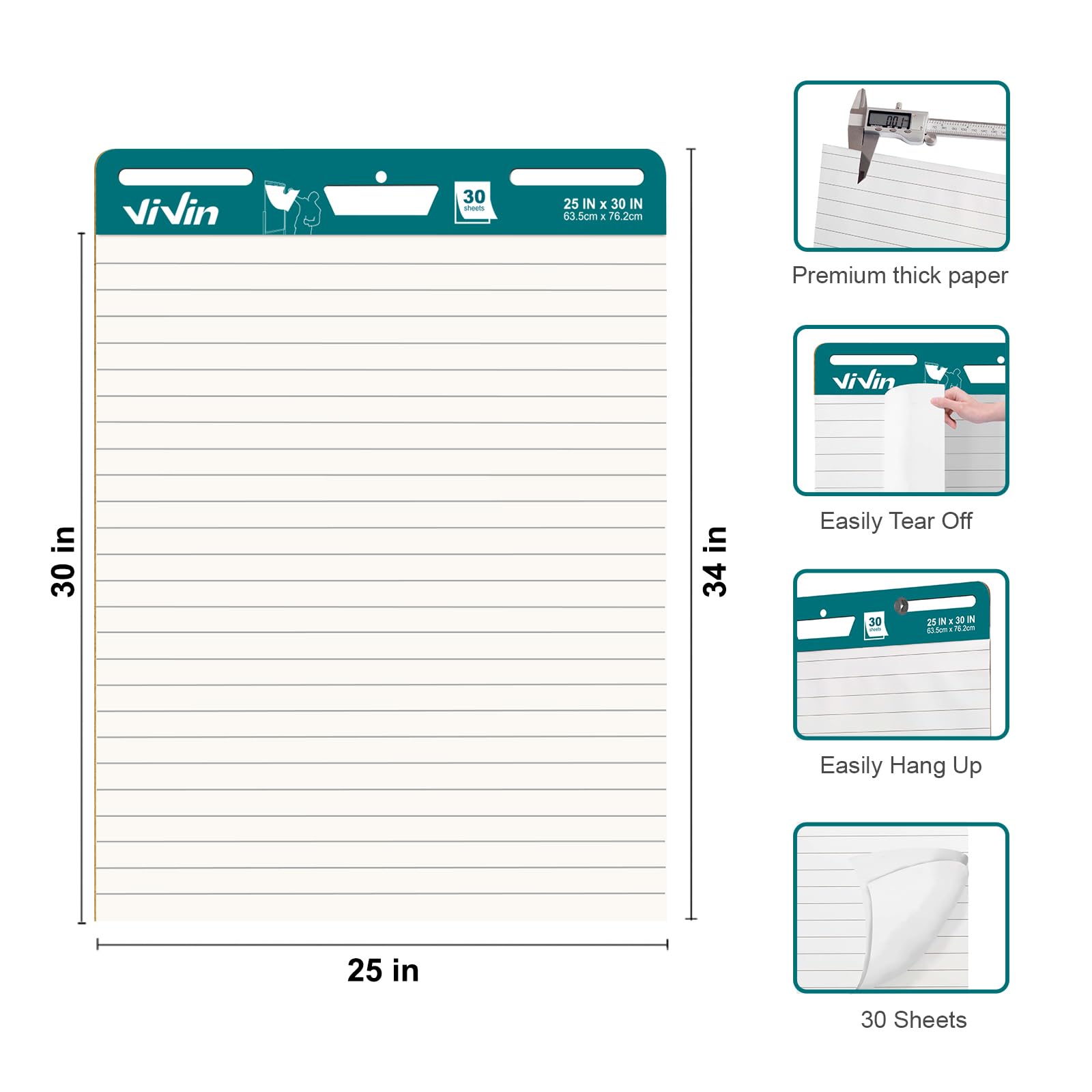 ViVin Lined Sticky Easel Pad, 25 x 30 Inches Flip Chart Paper for Teachers and Students, Large Self Stick Easel Paper, Teacher Anchor Chart, 30 Sheets/Pad, 10 Pads/Pack