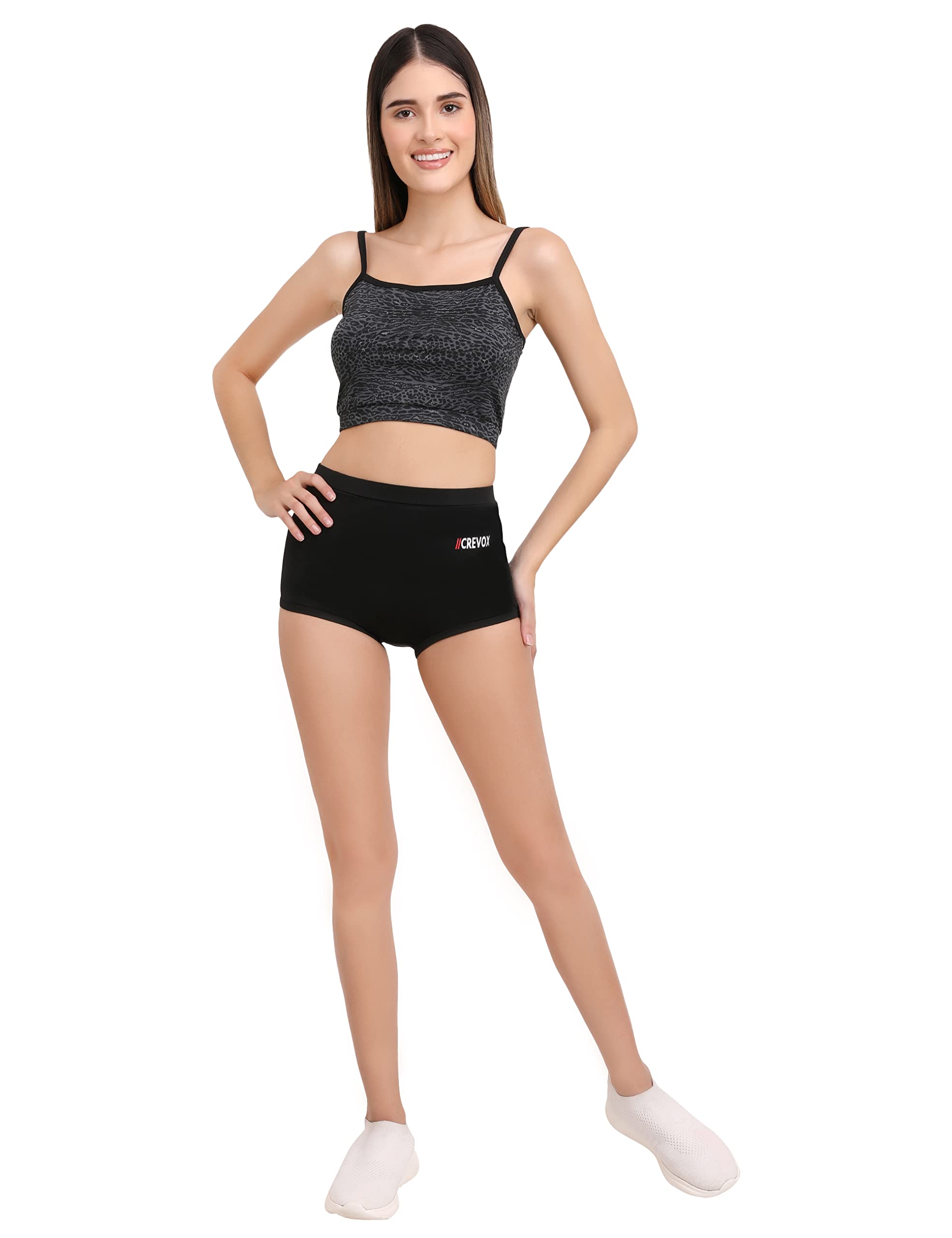 CREVOX Black Leopard Printed Padded Sports Crop Top for Womens (Medium, Nylon) 4