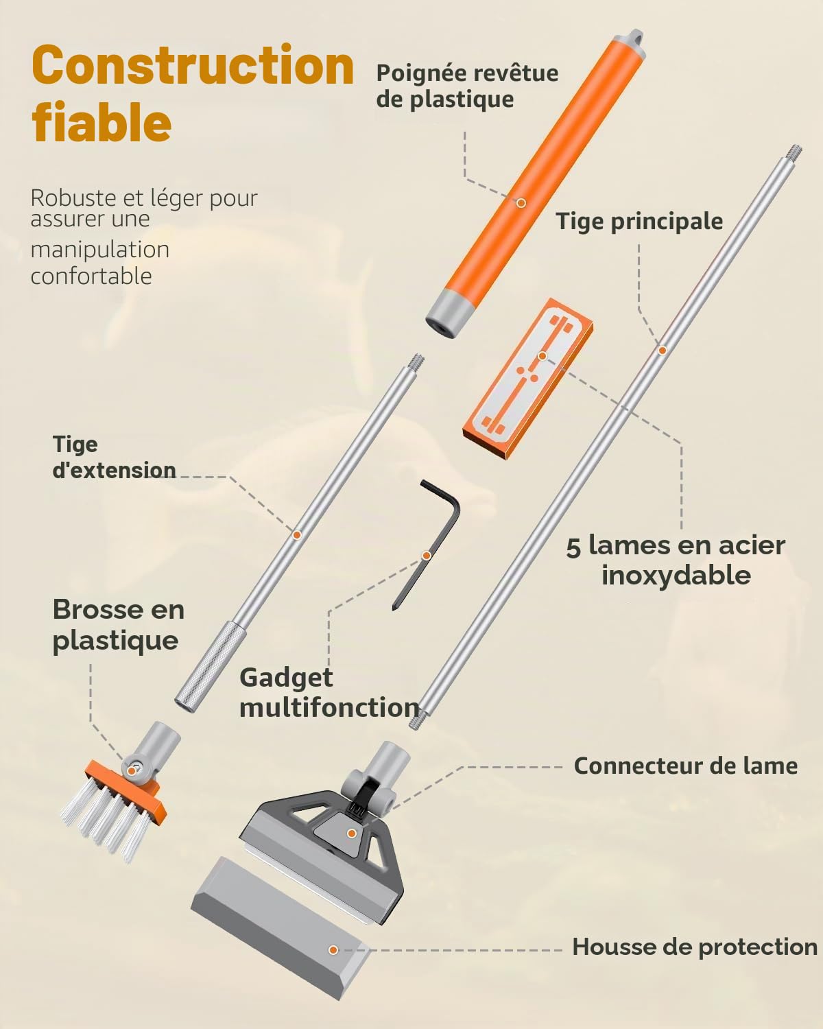 Pawfly Grattoir à Algues pour Aquarium 2 en 1, 66cm Nettoyeur vitre Aquarium avec Brosse & 5 Lames Acier Inoxydable, Outil de Nettoyage pour Aquariums Récifaux, Plantés et Bassins à Poissons
