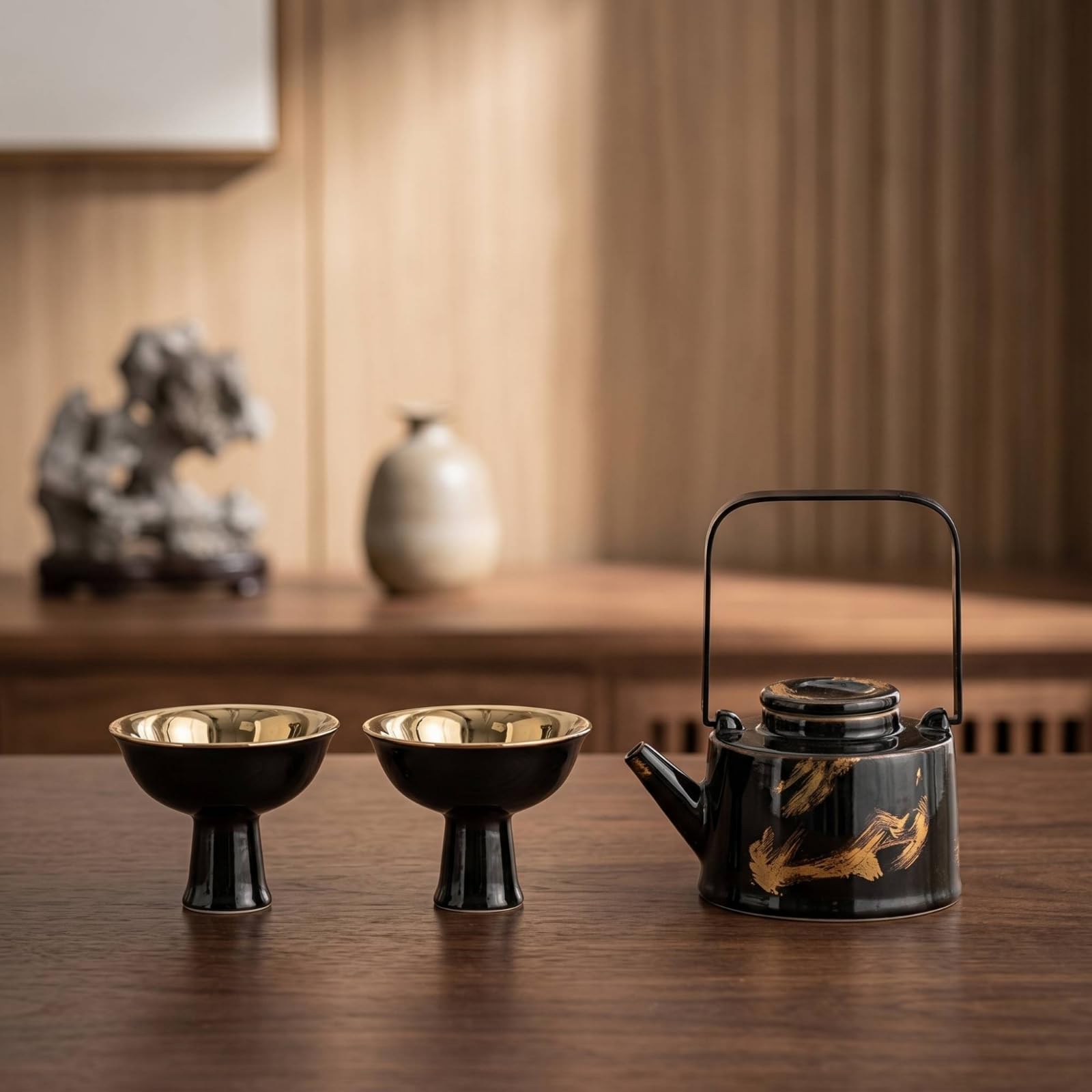 F Fityle 3 Piezas Tetera con Tazas Juego de Té Set de Cerámica Servicio de Té con Lateral y Asa de Arco Tono Metal Adecuada para Reuniones Pequeñas Pausa de Trabajo, style to 2