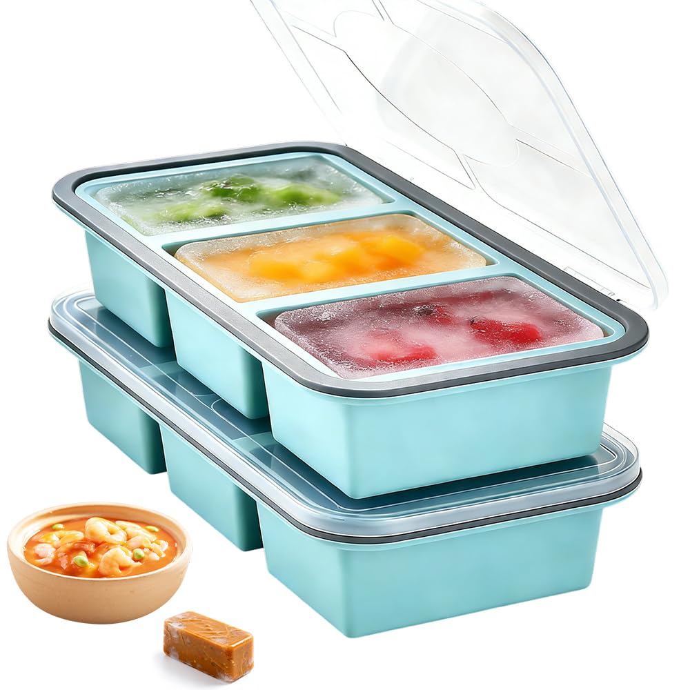 Zmcvoe 3 Grids, Blue 2 Pack Soup Freezer Containers, Silicone Freezer Moulds With Lid, Silicone Freezer Tray For Meal Prep, Storing Soups, Sauces (3 Grids, Blue)