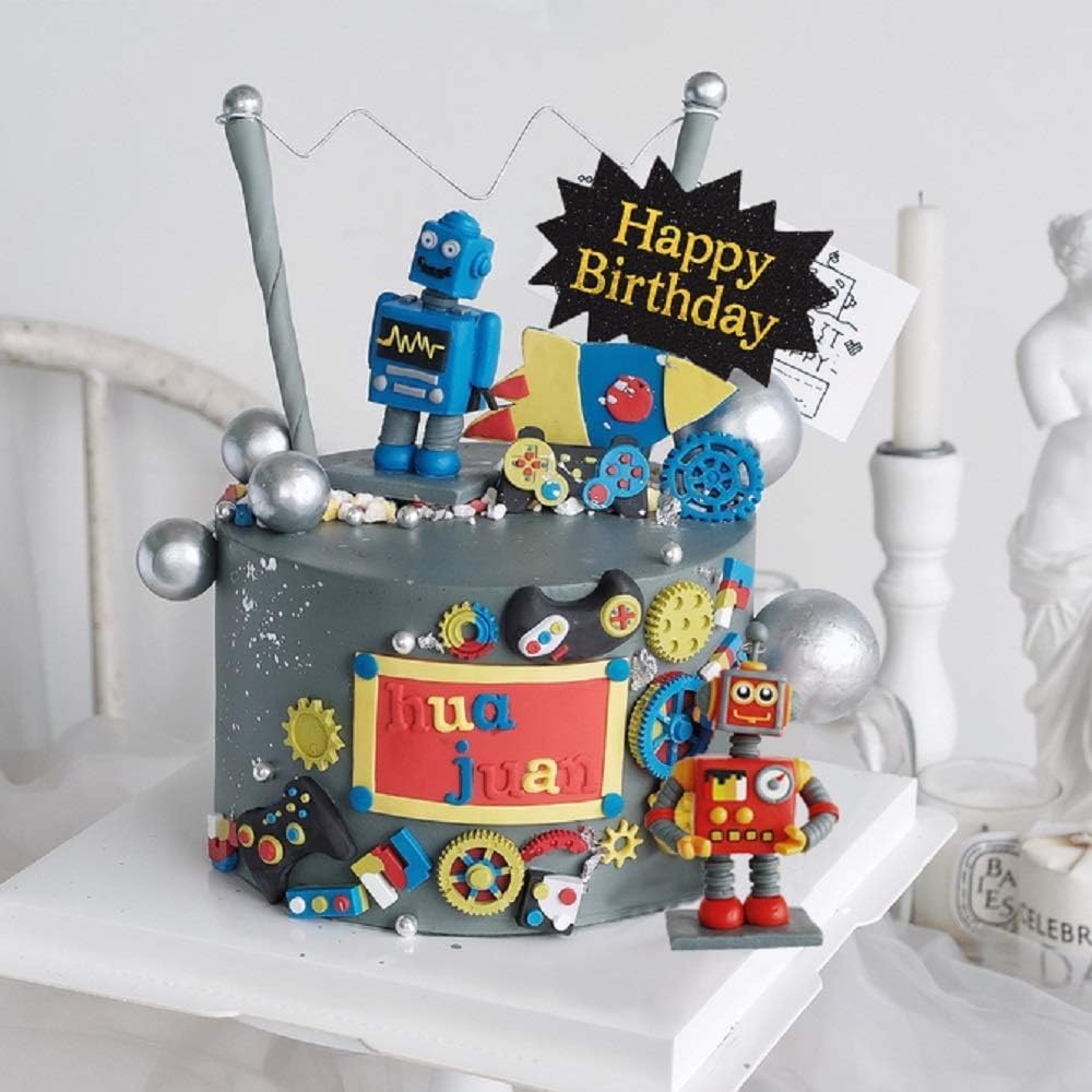 LaVenty Robot Cake Topper Happy Birthday Cake Decoration