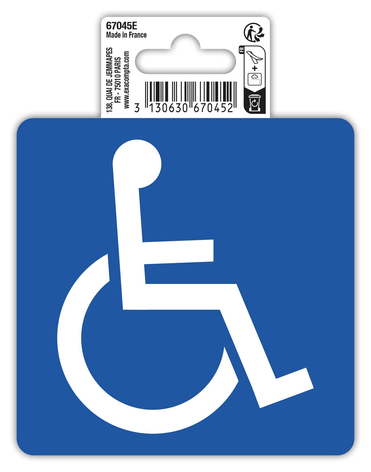 Exacompta - Ref. 67045E - 1 adhesive pictogram reserved for the disabled - In non-slip treated PVC vinyl - Glossy finish - Dimensions: 10 x 10 cm Colours: white on blue background