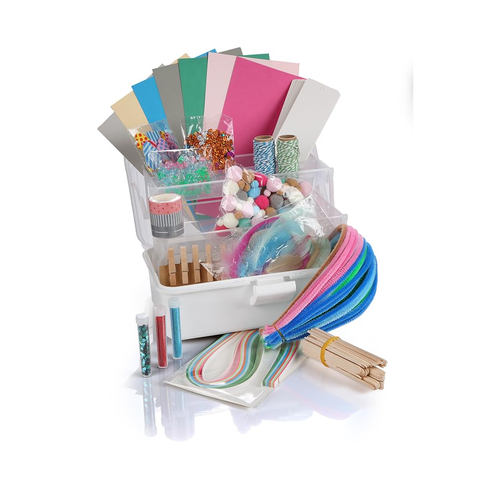 Lulubug Bastelset Kinder, 1000 Teile + Bastelanleitung | Tonkarton, Washi Tape, Chenille-Drähte, Wackelaugen, PomPons, Lesezeichen, Sticker, Bastelstreifen uvm