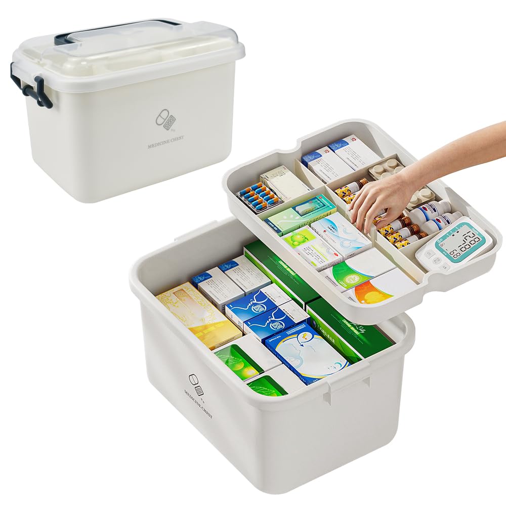 YBCCBY Medicine Storage Box with Handle, Double Layer Compartments Medical Box Household Medical Organiser Medicine Storage With Detachable Tray and Safety Lock for Home Office, 29x21x18cm