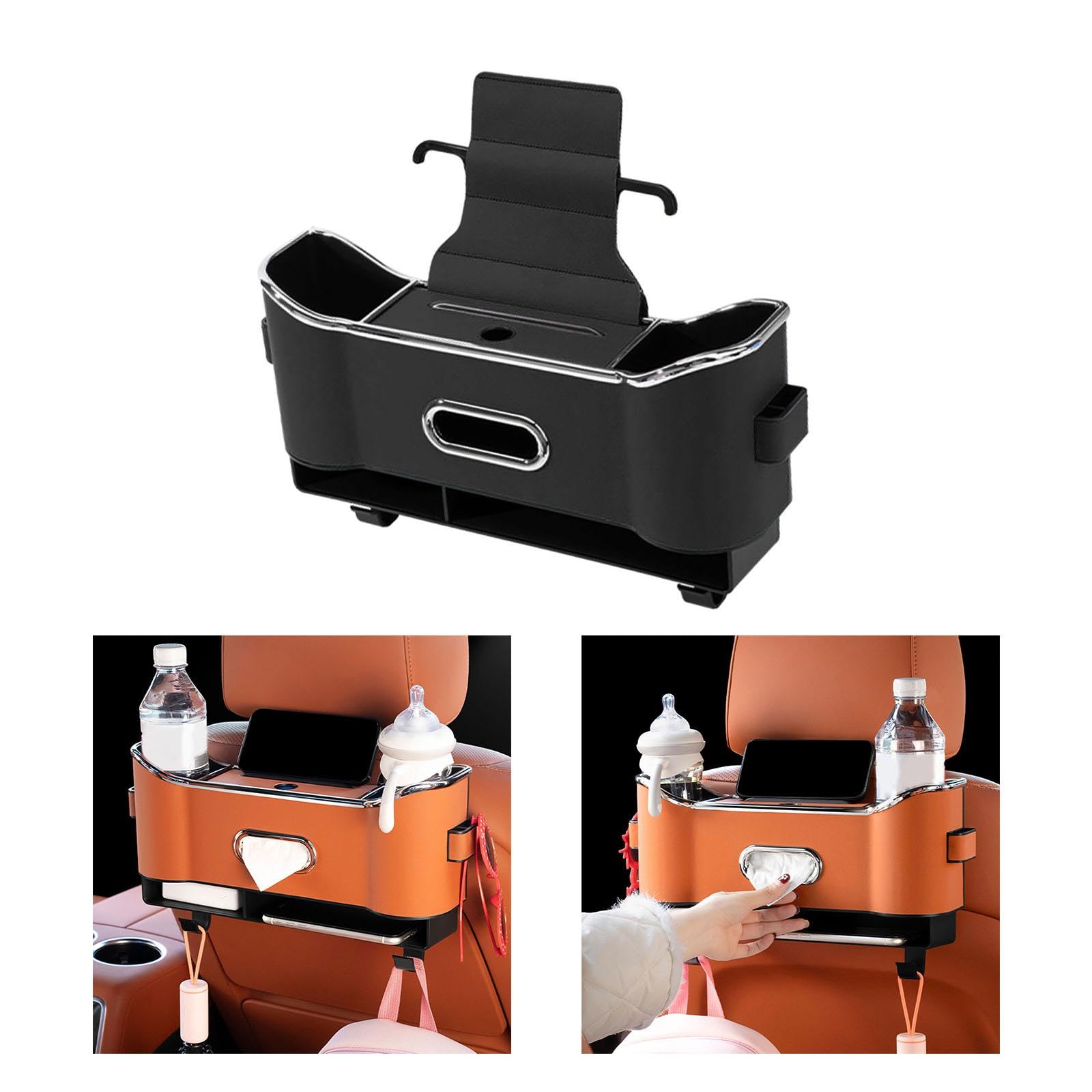 Organizer Schienale Auto Contenitore Porta Tessuti Portabicchieri Multifunzione in Pelle PU con Gancio Adatto per Viaggi Automobili Uso Famiglia, nero