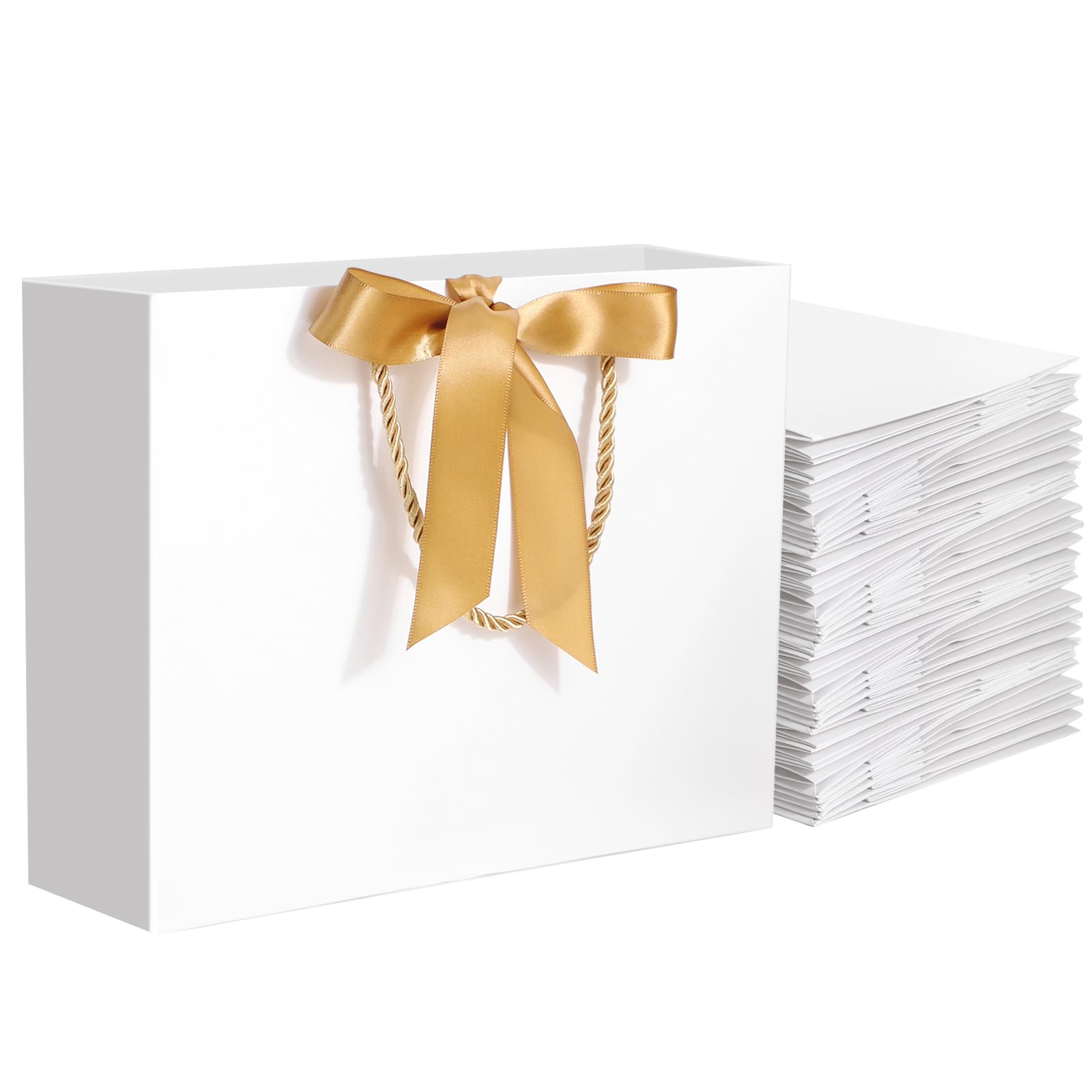 EUSOAR Papiertüten Weiß - 50 Stück 210GSM Geschenktüten mit Schleifenbändern - 27x8x21cm M Mittel Papiertüten mit Henkel - Geschenktüte mit Griff - Weiß Gift Bags Papier Tüten Geburtstag