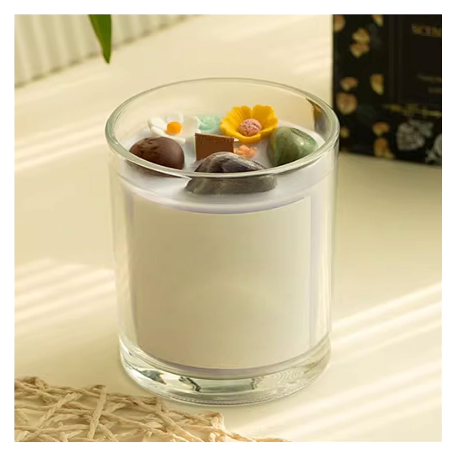 Compacto Velas de vidrio, velas en tarro reutilizables con cristales y flores secas, vela de soja Natural, vela de aromaterapia de larga duración no es picante(Lila)