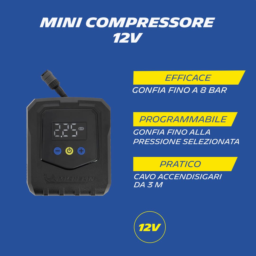 MICHELIN 009541 Mini Compressore d’Aria 12V – Portata 20L al minuto – Gonfiatore per Pneumatici Auto – Pressione Programmabile 8 BAR 138W – Attacco a Connessione Rapida – 3 Adattatori