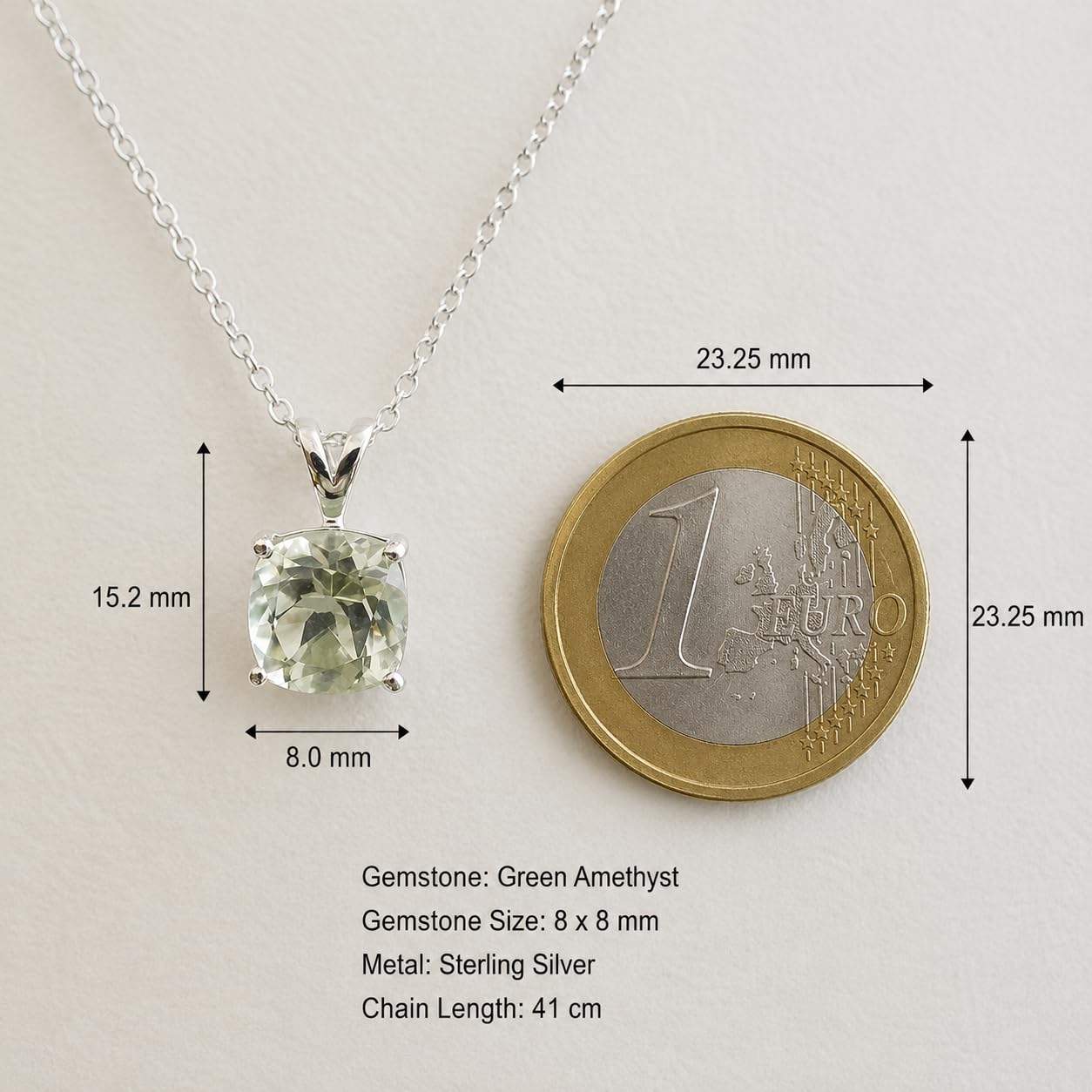 Prasiolith 925 Sterling Silber Halskette Damen | Grüner Amethyst Kissenschliff 8mm in Krappenfassung - Echter Edelstein, GIA-zertifizierte Gemmologin - Geschenk für Frauen