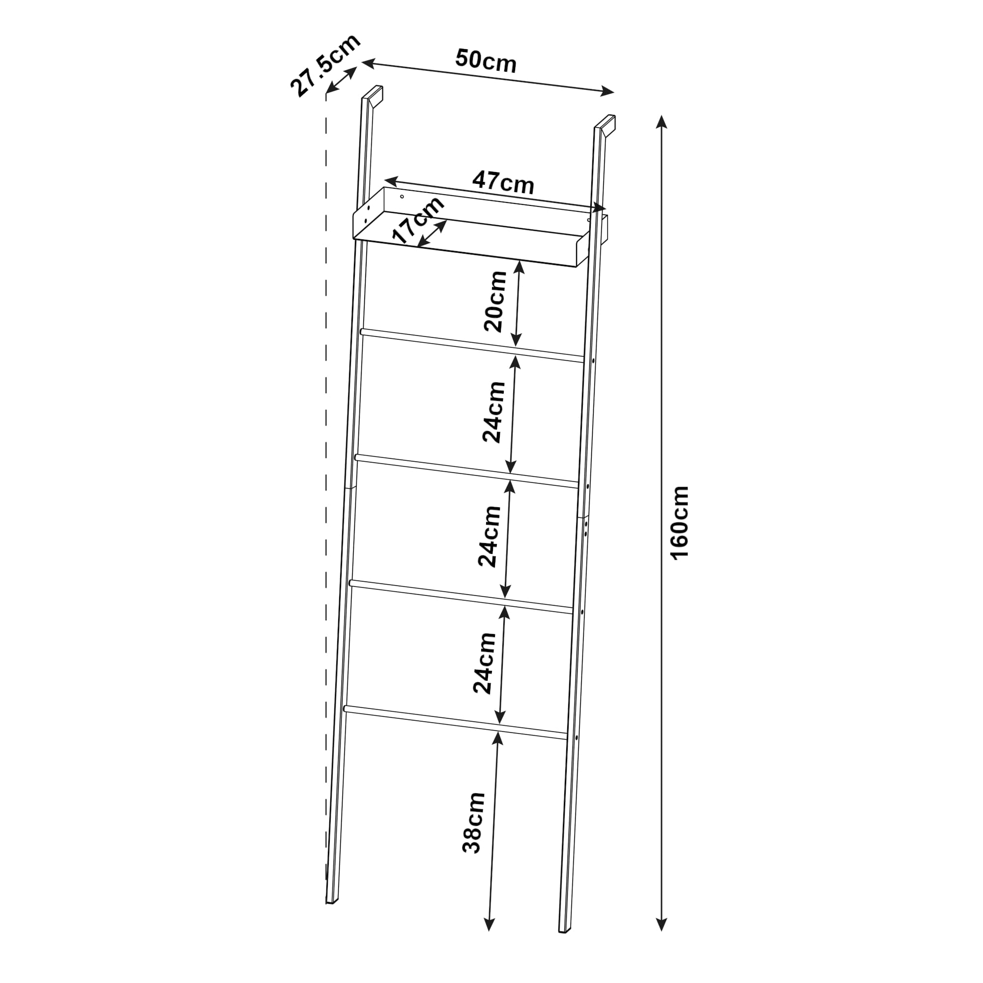 [en.casa] Toallero de Baño Escalera Øksnes con 4 Peldaños y 1 Estante Estantería de 5 Niveles para Colgar Toallas Paños de Cocina Ropa Accesorios Baño de Acero 160x50x27,5cm - Blanco