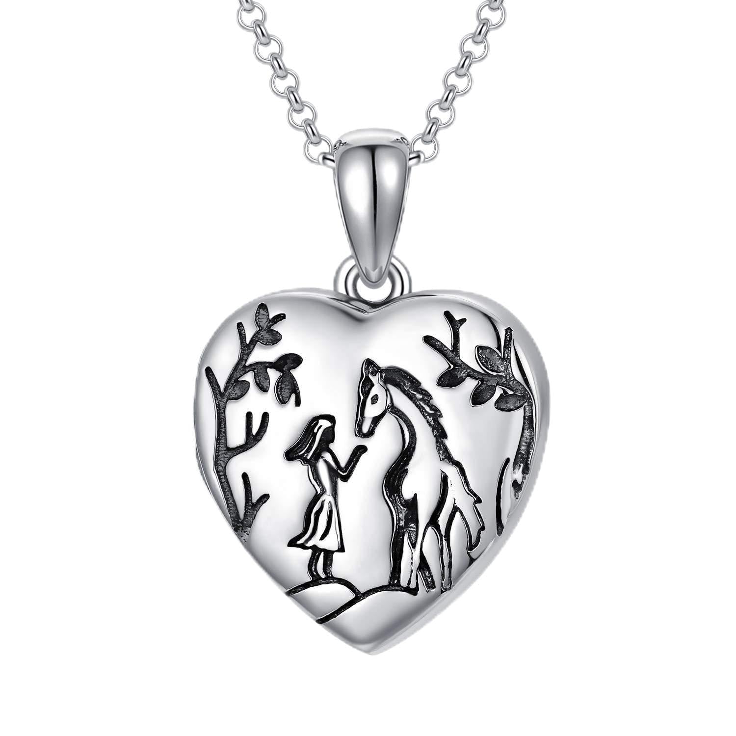 LONAGO 925 Sterling Silber Personalisiertes Foto Medaillon das Bilder Pferd Wolf und Mädchen Herz Medaillon Anhänger Halskette Schmuck Hält