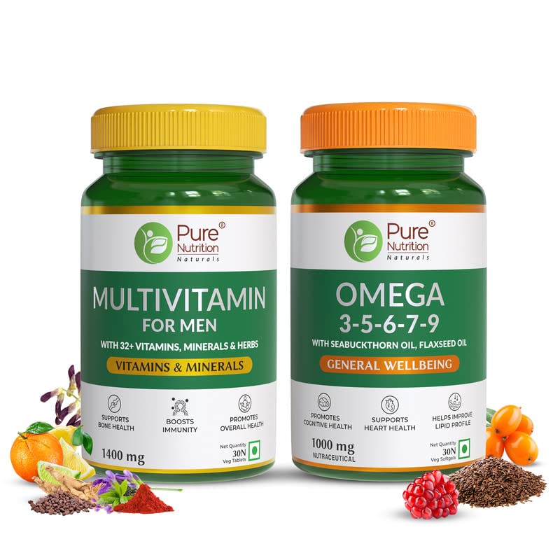 Pure Nutrition Naturals Combo Of Men’s Multivitamin & Omega 3-5-6-7-9 Supplement (30 Tablets + 30 Veg Softgel) for Men & Women Pure Nutrition Naturals Combo Of Men’s Multivitamin & Omega 3-5-6-7-9 Supplement (30 Tablets + 30 Veg Softgel) for Men & Women