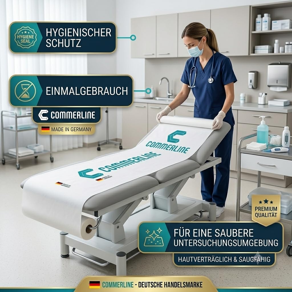 Commerline Rollos Médicos | 6 Rollos | 50 cm x 50 m 2 Capas | Cubierta Desechable Para Tumbonas | Fundas Blancas De Alta Calidad | Higiénicos | Ideal Para Consultas, Médicos, Masajes, Cosméticos | Cojín desechable de 2 capas para tumbonas de examen y masa