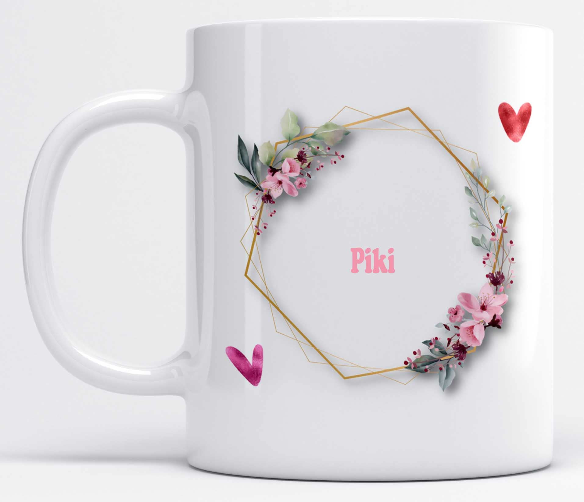 LOROFY Name Piki Printed Floral and Hearts Design Ceramic Coffee Mug (325ML)
