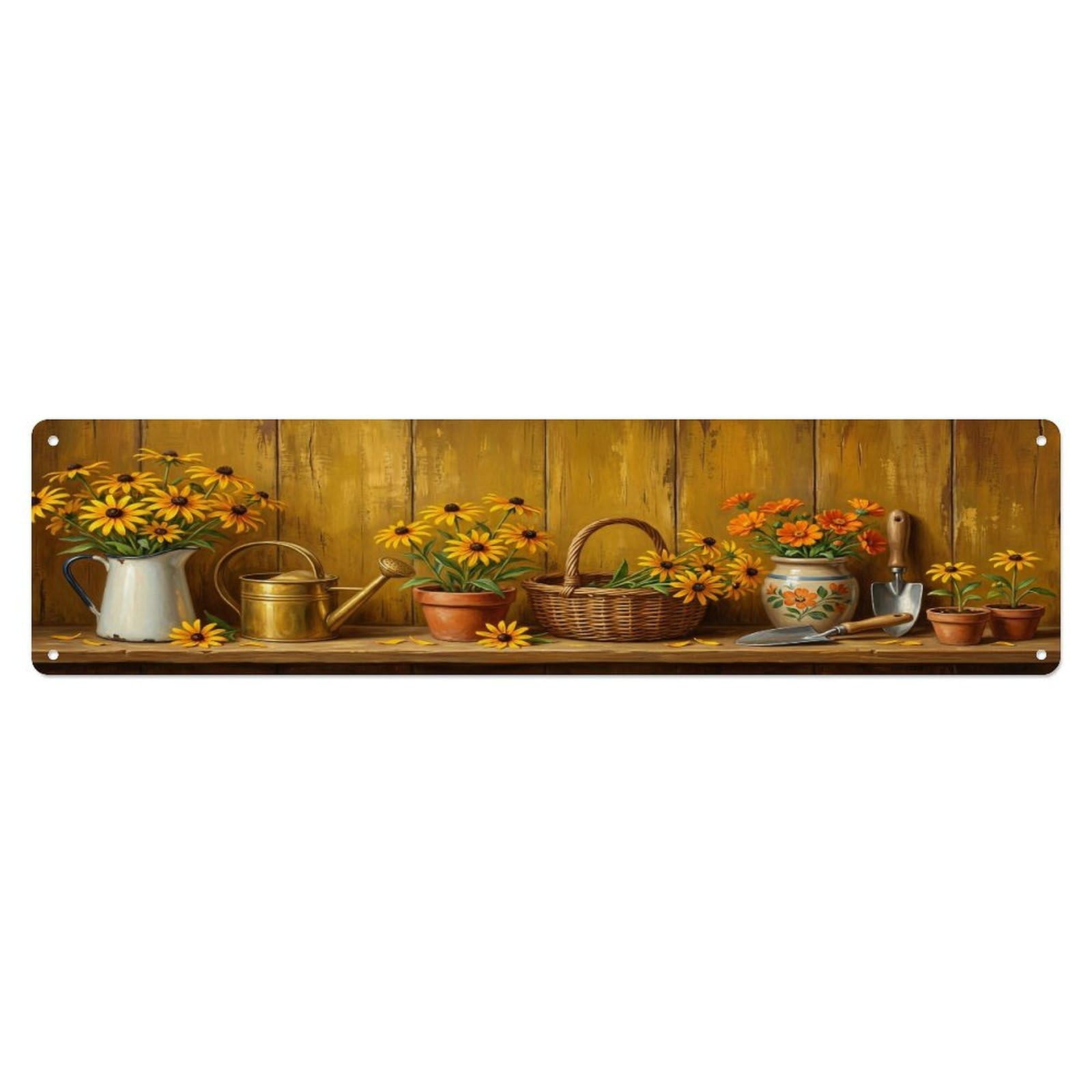 Floral Garden Tools Black Eyed Susan Pattern Print Metal Tin Sign