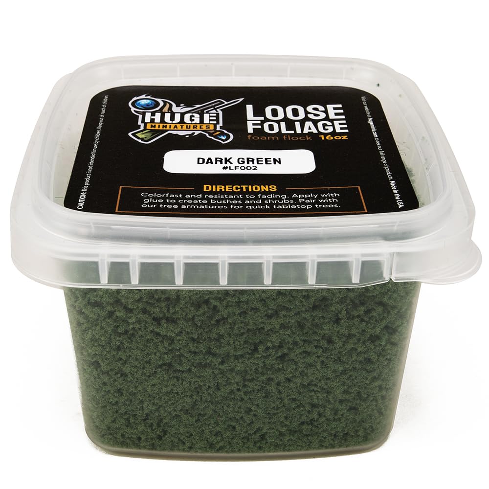 Huge Miniatures Loose Foliage, Dark Green Tree Flock for Terrain Model Kits and Hobby Train Scenery by Huge Minis - 16oz Resealable Tub