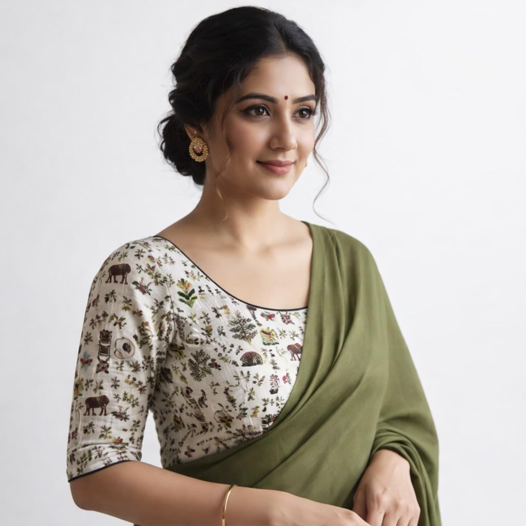 Printed Saree Blouse, Cream with Floral and Nature Print, Elbow Sleeves, Traditional Indian Wear-picture-44