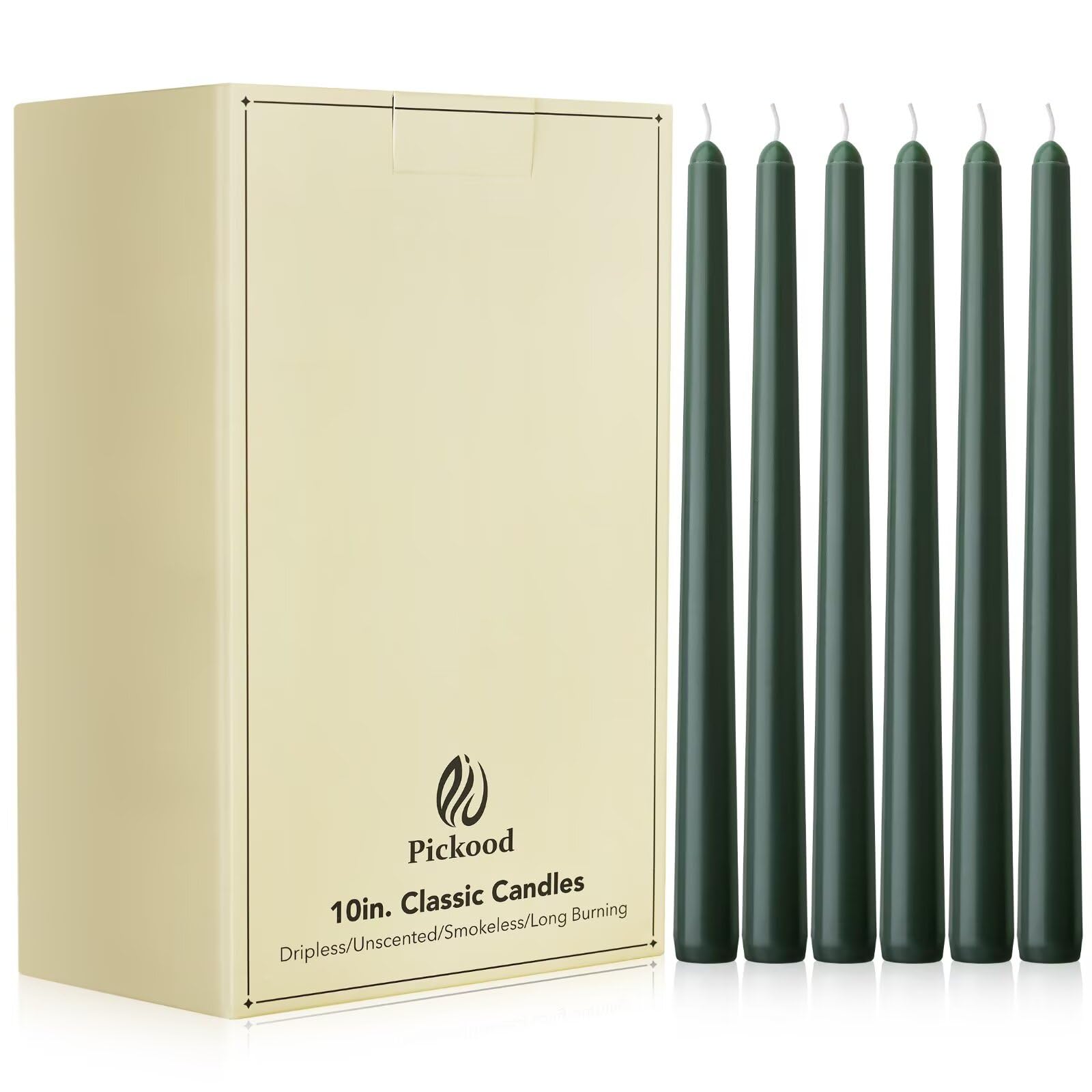 Pickood 10-Inch Tall Unscented Dripless Taper Candles Bulk 30 Pack - Dark Green Taper Candles Bulk, Perfect for Wedding, Dinner 6-8 Hour Long Burning