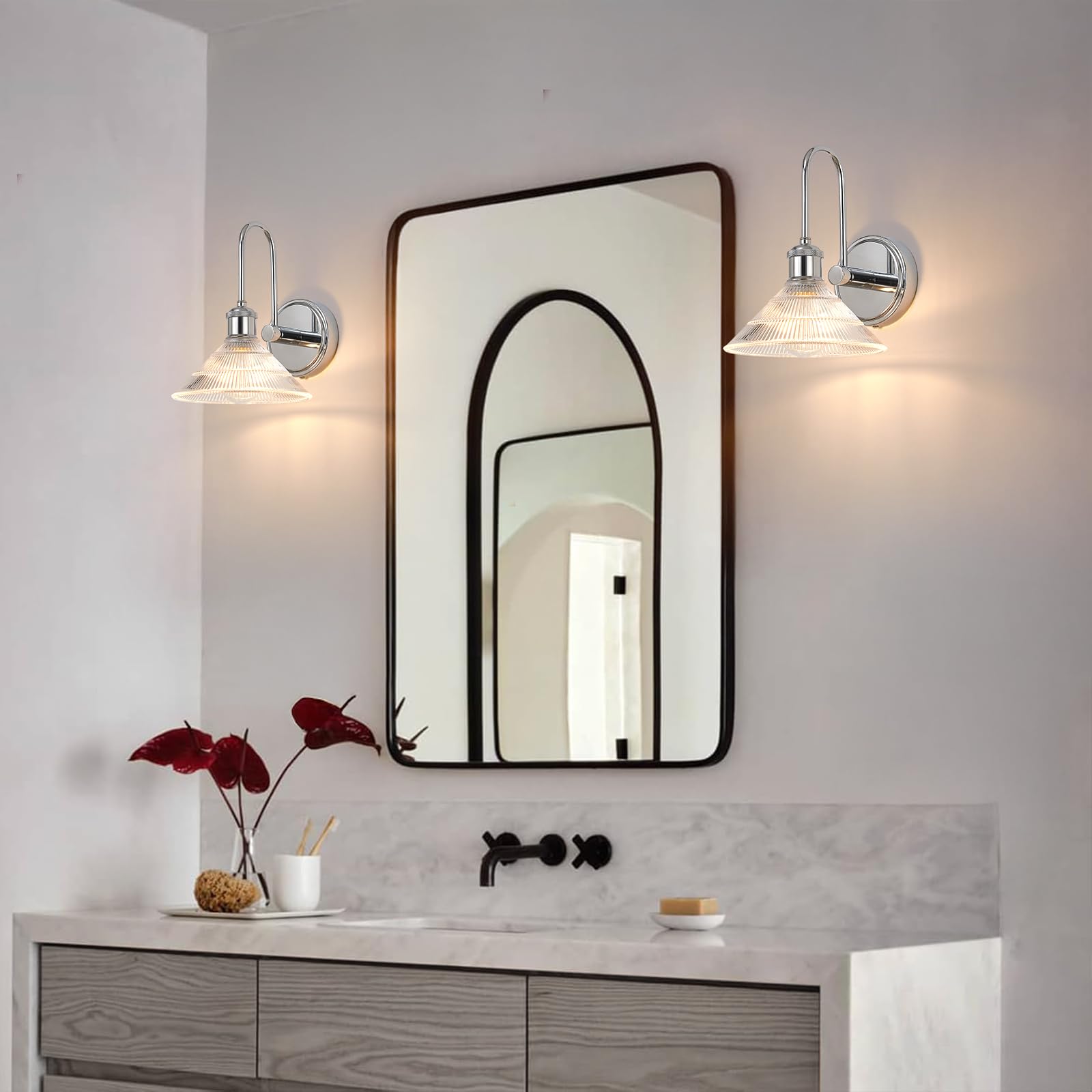 Applique a Parete Set di 2, Lampada Vintage Cromo con Paralume Rotondo in Vetro Trasparente, Plafoniera da Incasso per Camera, Bagno, Soggiorno | Include 2 Lampadine LED