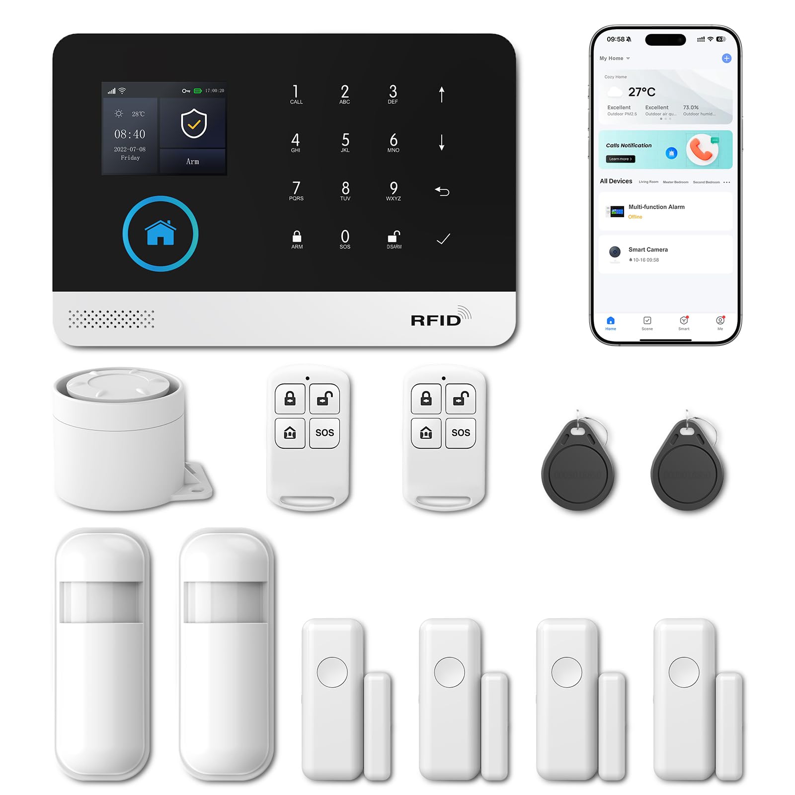 PGST Kit de Alarma antirrobo inalámbrico WiFi para el hogar, con Sirena de Alarma de 120 dB, Control Remoto Inteligente, Pantalla LCD, invitación por Voz, Seguridad para el hogar, Oficina