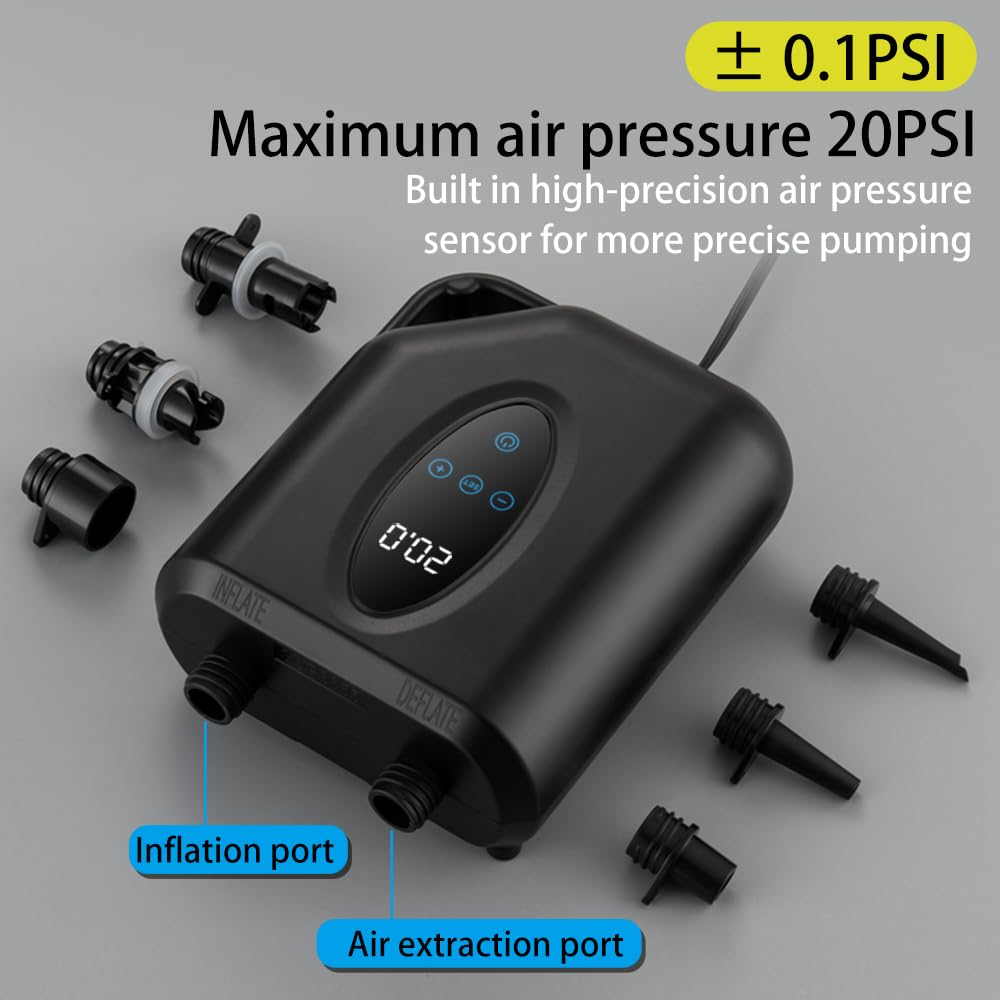 Pompe à air électrique SUP 20 PSI sans fil - Rechargeable - 12 000 mAh - Gonflage et dégonflage en deux étapes - Arrêt automatique - SOS - Lampe de poche pour planches de paddle, kite, kayak, tente,