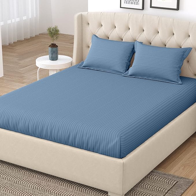 Image of DECOR2ADMIRE 300 TC Premium Glace Cotton All Round Elastic Fitted Plain Stripe Pastel Shades Queen Size Bedsheet with 2 Pillow Covers (Blue, Super King 108 inch x 108 inch)
