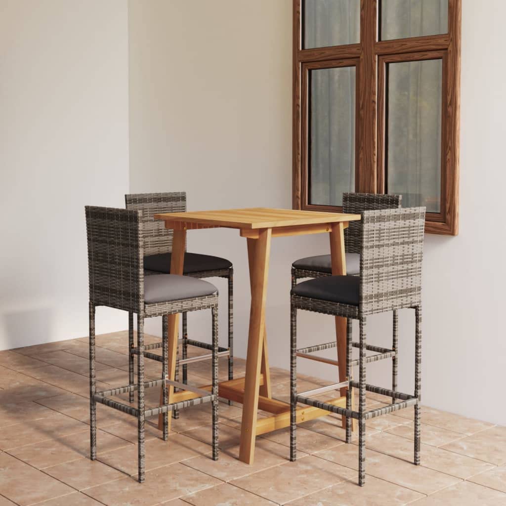 Conjunto jardín Bar 5 Piezas con Cojines Gris, Mesa Madera Acacia 70x70x104 cm, taburetes ratán sintético y Acero, Ideal terraza Patio Exterior para Ocio y reuniones
