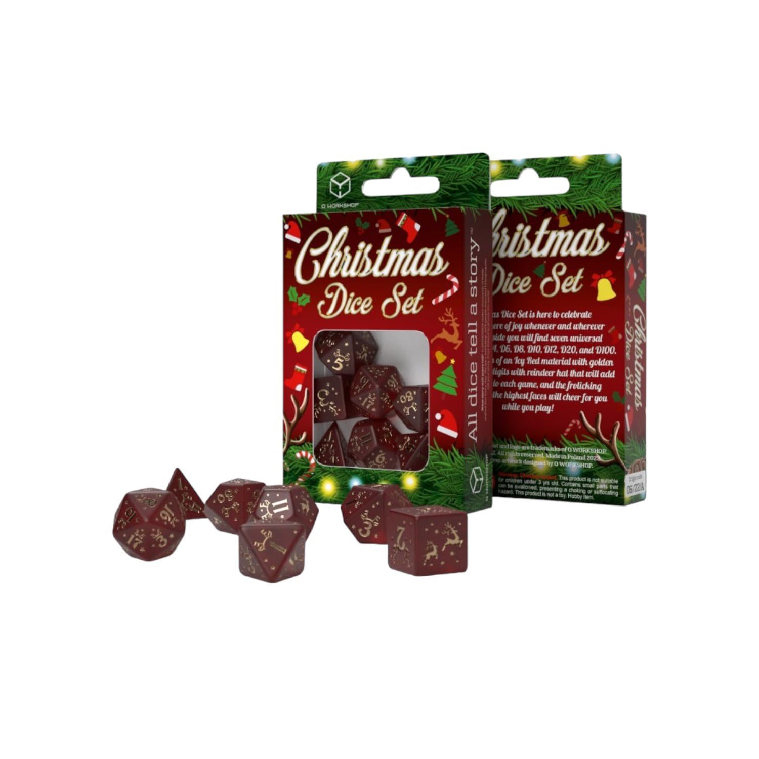 Q WORKSHOP Christmas Dice Set: 7 Polyhedral Dice in Icy Red Plastic with Golden Engravings