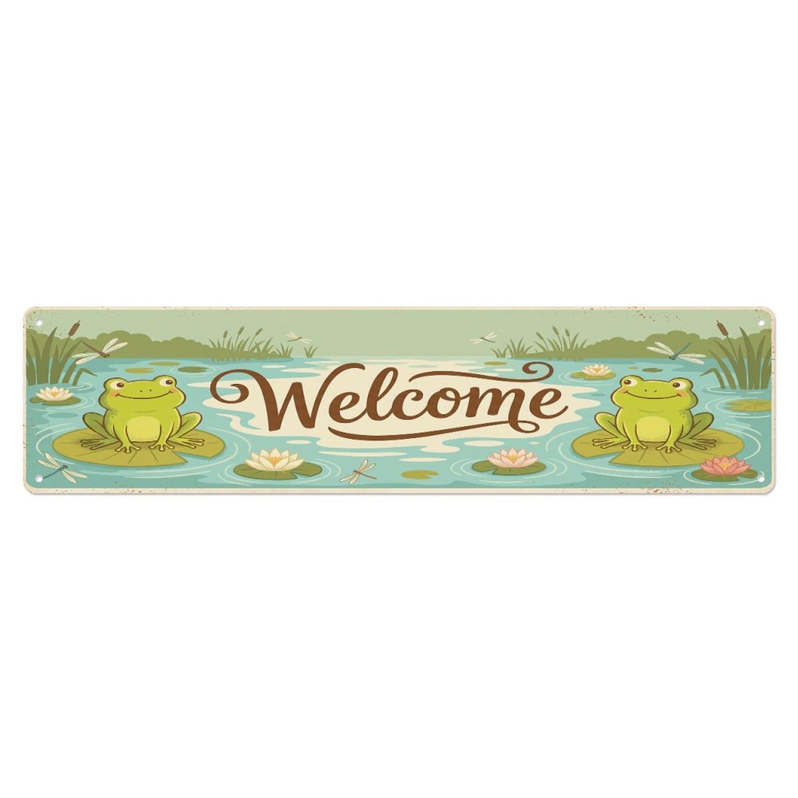 Vintage Welcome Frog Lily Metal Tin Sign
