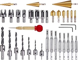 Rocaris 34-Pack Woodworking Chamfer Drilling Tool, 6Pcs Countersink Drill Bits, 7Pcs Countersink Drill Bit, 8Pcs Wood Plug Cutter, 1Pcs Center Punch, 8Pcs Core Drill Bit Set and 3pcs Step Drill Bit