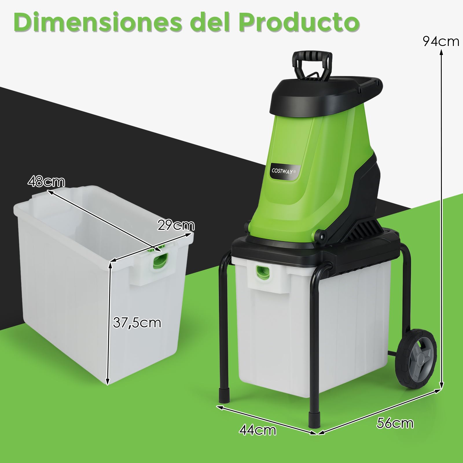 GOPLUS Trituradora Eléctrica 2800 W, Trituradora de Ramas de hasta Ø 45 mm con Caja de Recolección 50 L, Cuchillas de Doble Filo, Ruedas Grandes, Biotrituradora con Cable para Jardín Patio (Verde)