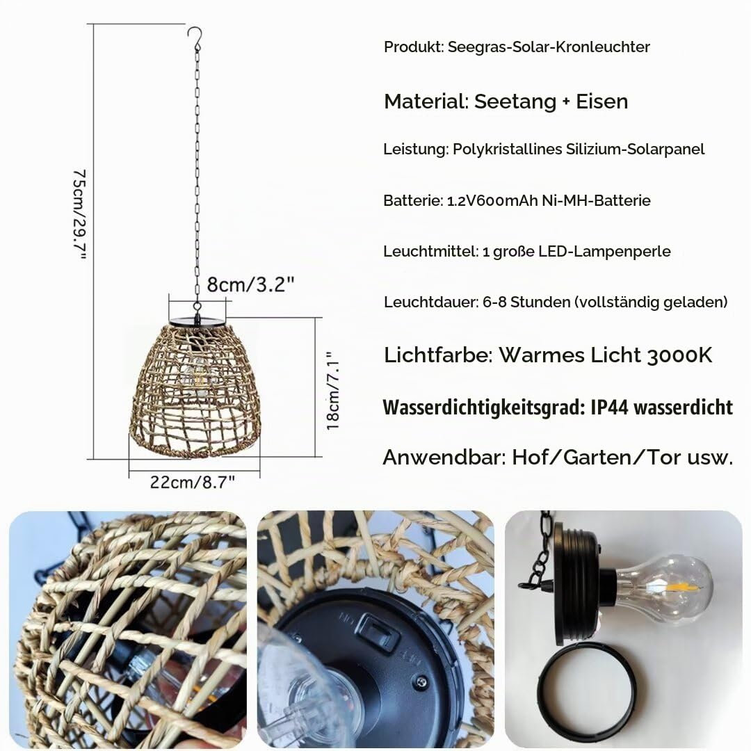 2 Packungen Seegras Weben Solarlampe Solarstrom Hängelampe Solar Garten Pendelleuchte Außen Solar Hängelampe Außen Hängeleuchte für Balkon, Garten