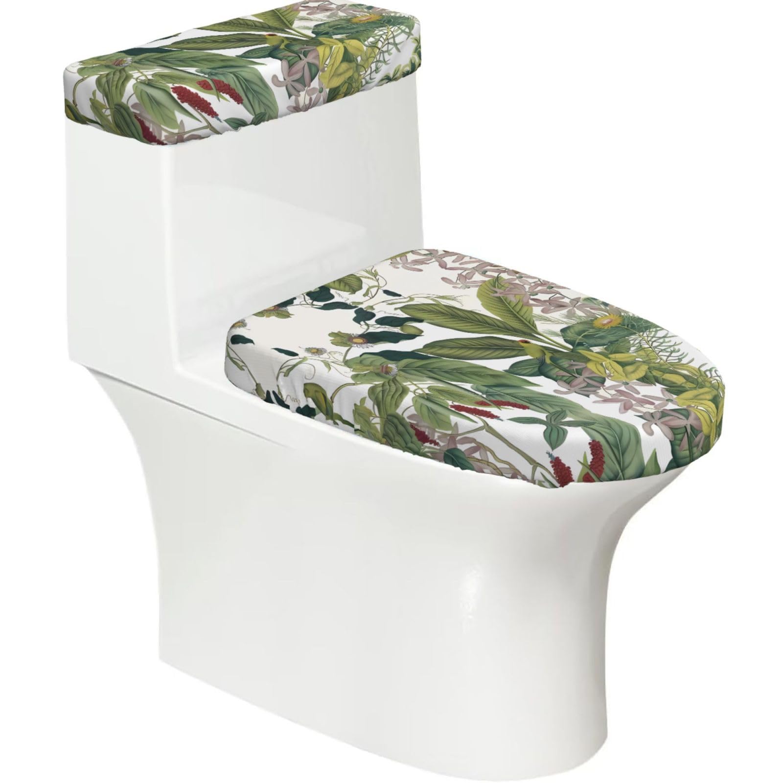 Tropical Flower Leaf Parrot 2-Piece Toilet Seat Cover Set with Tank Lid - Elastic for U-Shape & Elongated - Bathroom Decor