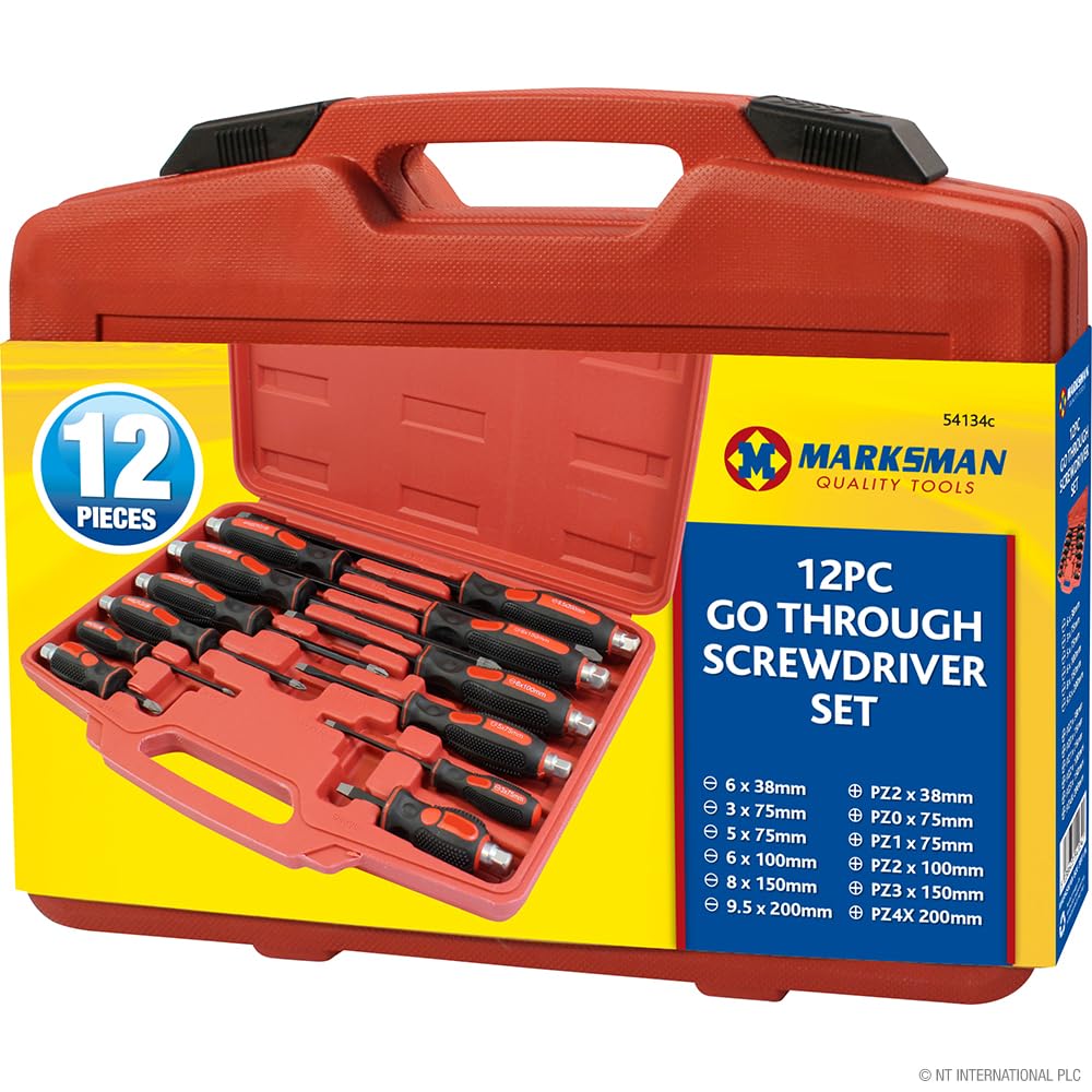 Marksman Red 12Pc Heavy Duty Mechanics Go-Through Screwdriver Set Engineers Hex Shank Pozi | Ergonomic Cushioned Grip Handles | Builders Hand Tool Diy