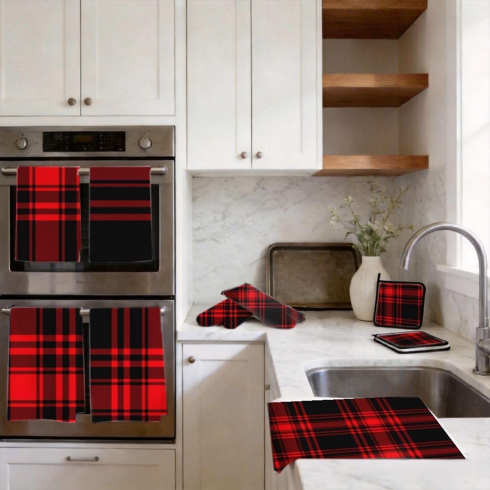 9PCS Red Plaid Fabric1 Cucina Decor e Accessori Set