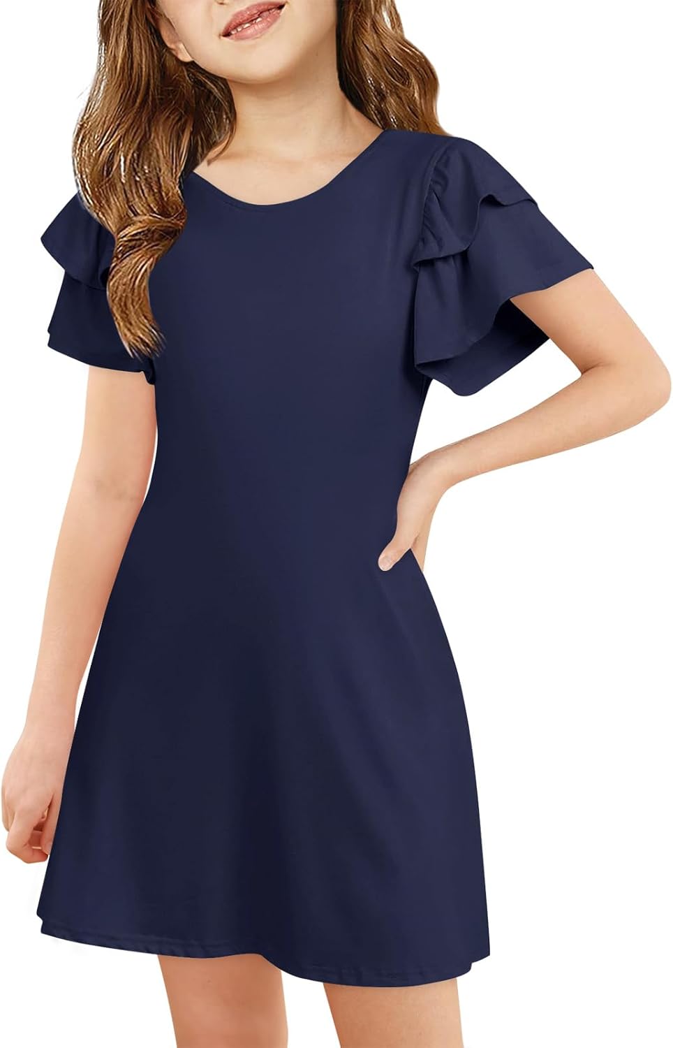Haloumoning Girls Ruffle Sleeve Dresses Kids Summer Crewneck A Line Casual Dress 5-14 Years