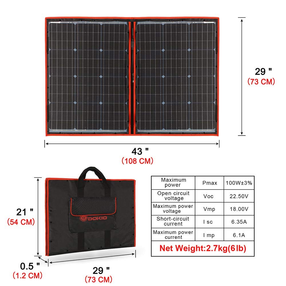 DOKIO Pannello Solare 100W Portatile Mobile e Pieghevole+1 Regolatore 10A Serie con Presa Usb 5V 2A