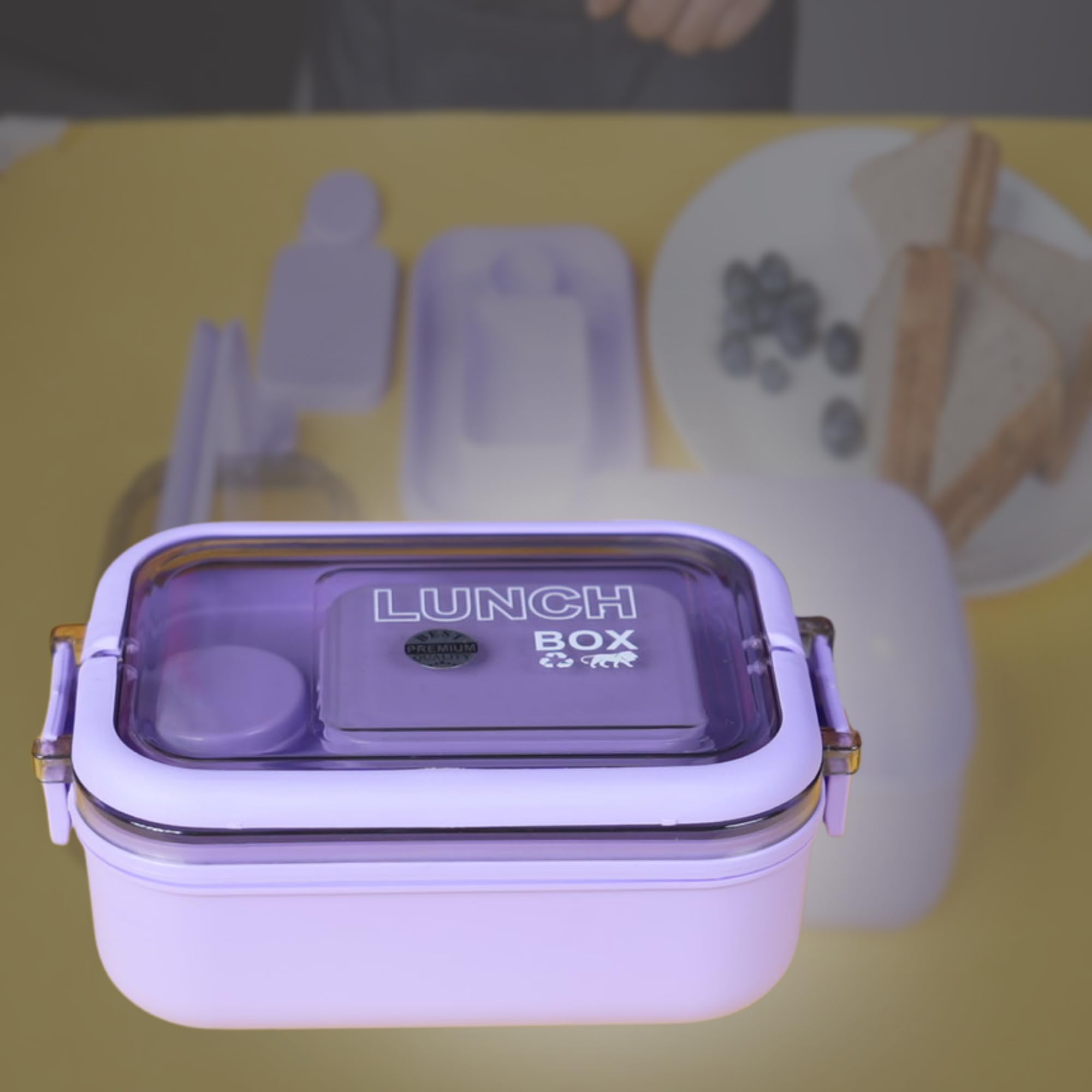 Clazkit Snack Pack Lunch Box for Kids, Adults |Tiffin Box with 2 Small Conatiner, Spoon and Fork | Leakproof 100% Food Grade | Purple|700ml
