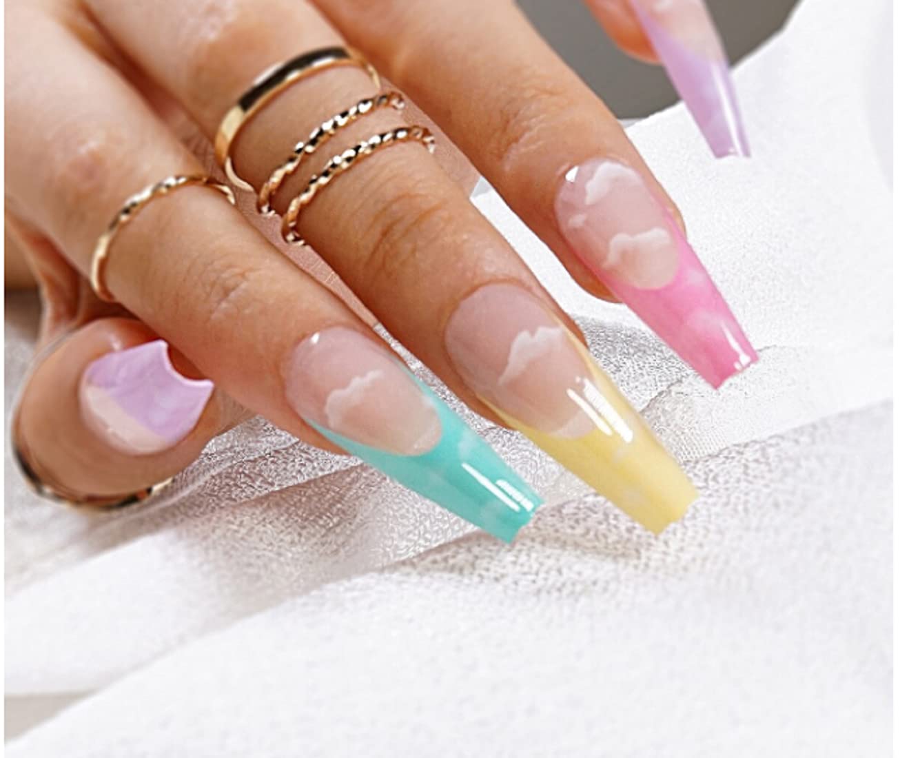 VIKSON INTERNATIONAL24 Pcs NUDE CLOUD COFFIN UV GEL Finish MULTICOLORED CLOUD DESIG French Tip Artificial Nail Extension All Size Nails.