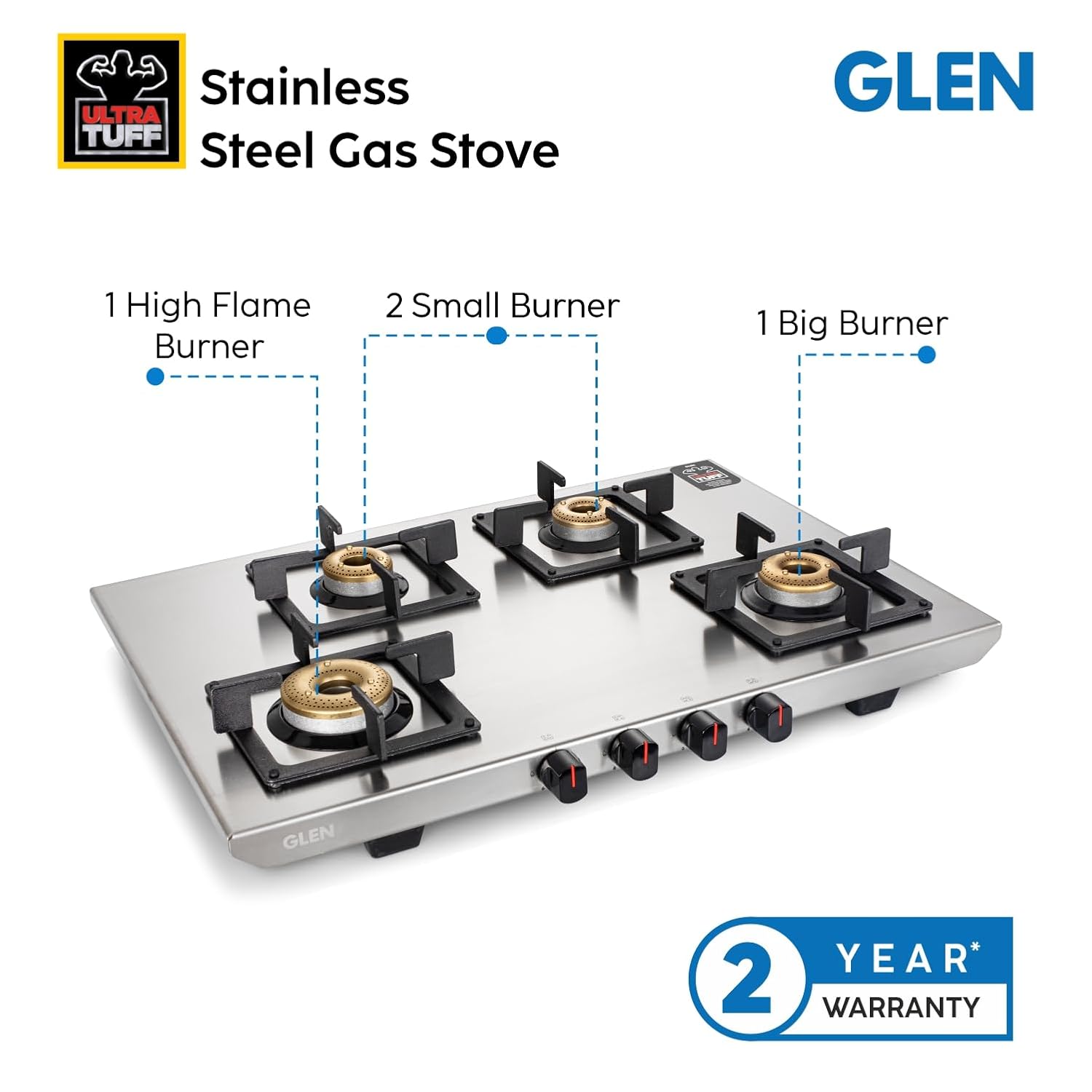 Four premium burners (1 high-flame turbo for quick boils, 1 big for stir-fries, 2 small for precise simmering)