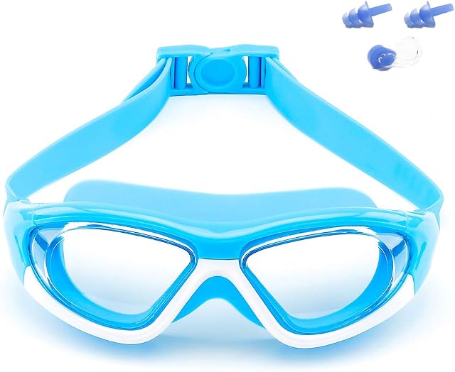 Big Frame Wide-Vision Swim Goggles for Children Girls Boys(Age 6-15 years old), Premium Polarized Kids Swimming Goggles Diving Mask Anti Fog No Leaking UV Protection-with FREE Case,Nose Clip Ear Plugs