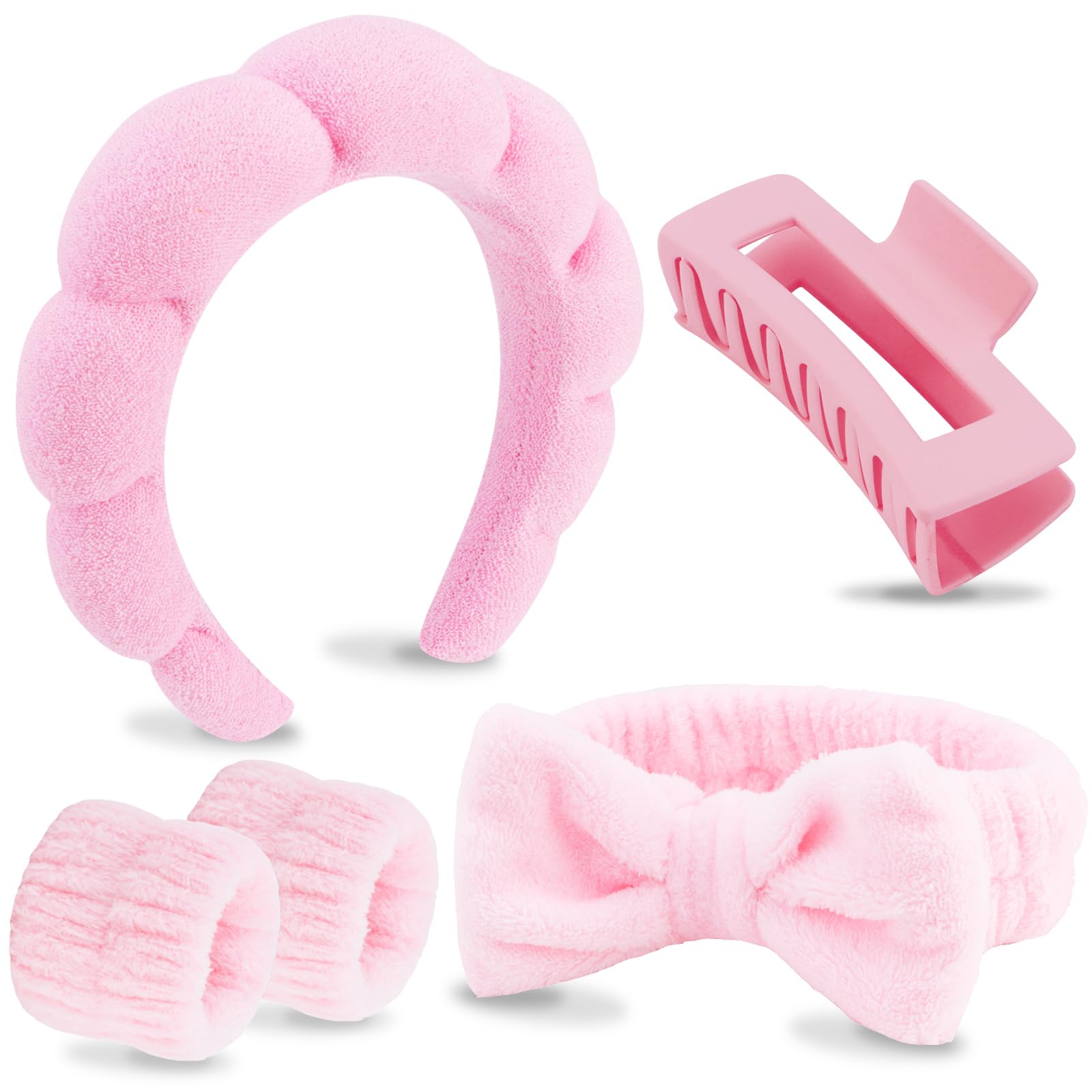 VELSCRUN Spa Headbands for Wash Face, Makeup Headband, Facial Skincare Headbands, 5 Pcs Pink Puffy Sponge Spa Headband Bow Tie Hair Band Hair Clips