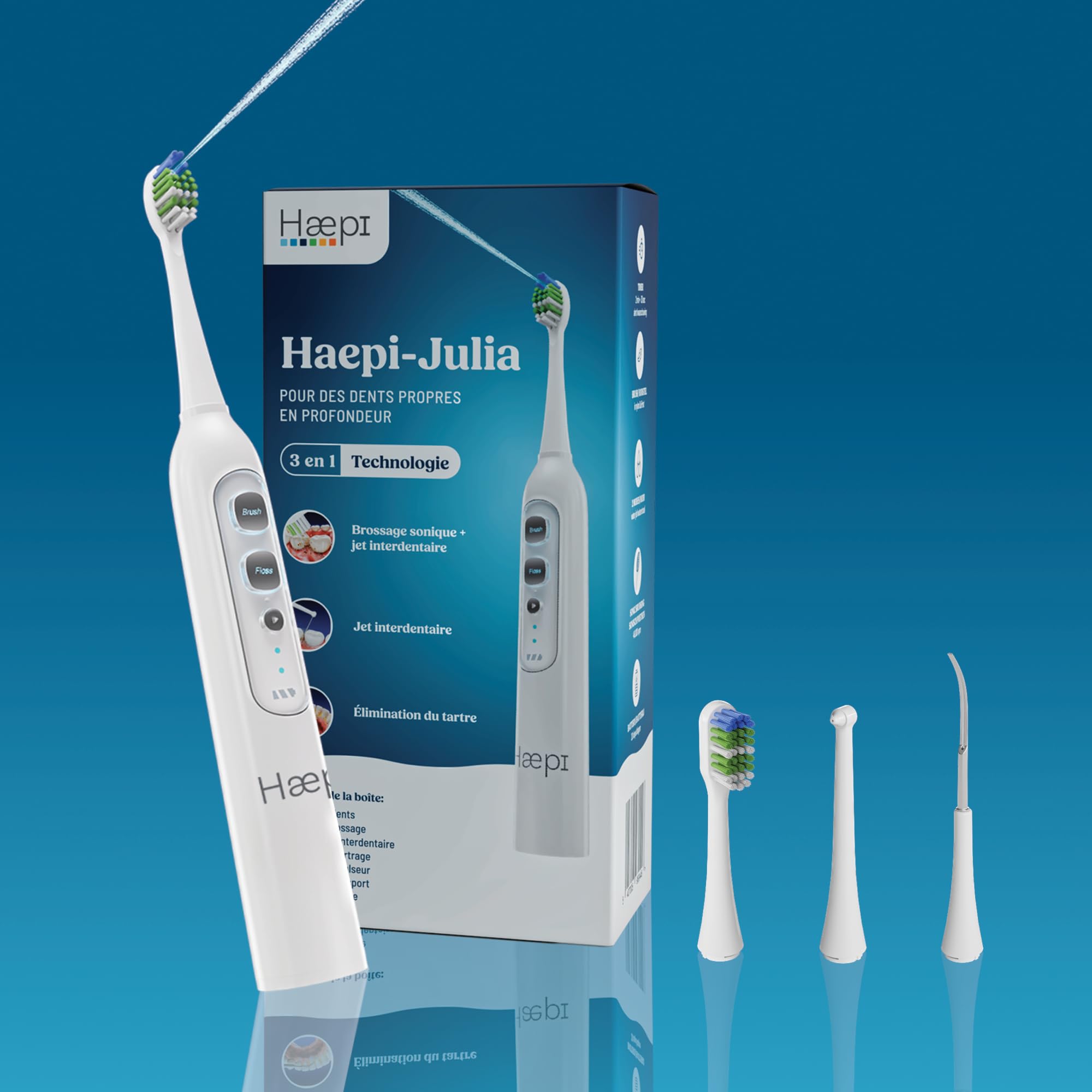 Haepi Julia – Brosse à dents électrique sonique 3 en 1 | Brossage +​Jet interdentaire +​Détartrage | 48 000 vibrations/​min | Rechargeable USB | Pour gencives sensibles & porteurs d'appareils dentaires