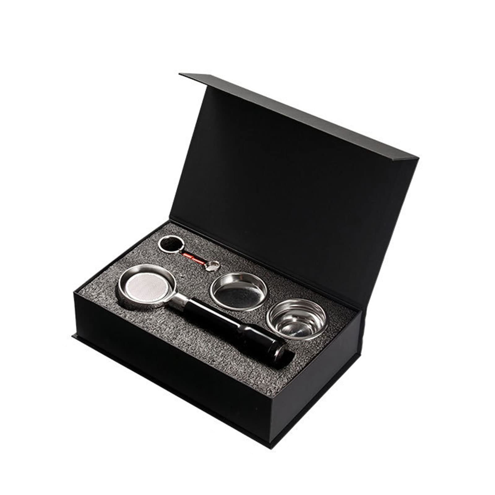 Portafiltro de acero inoxidable de 58 mm con mango de máquina de café sin fondo, portafiltro E61, herramientas de café espresso, caja de regalo de madera para manipulación