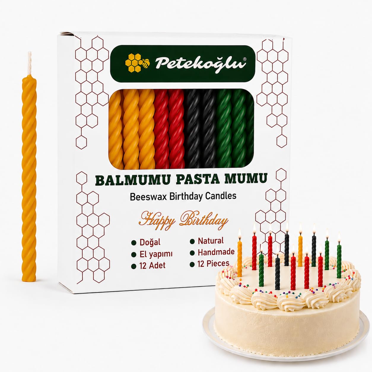 Petekoğlu Balmumu Mum El Yapımı Doğal Küçük 4 Renk Çok Renkli Pasta Mumları 12 Adet